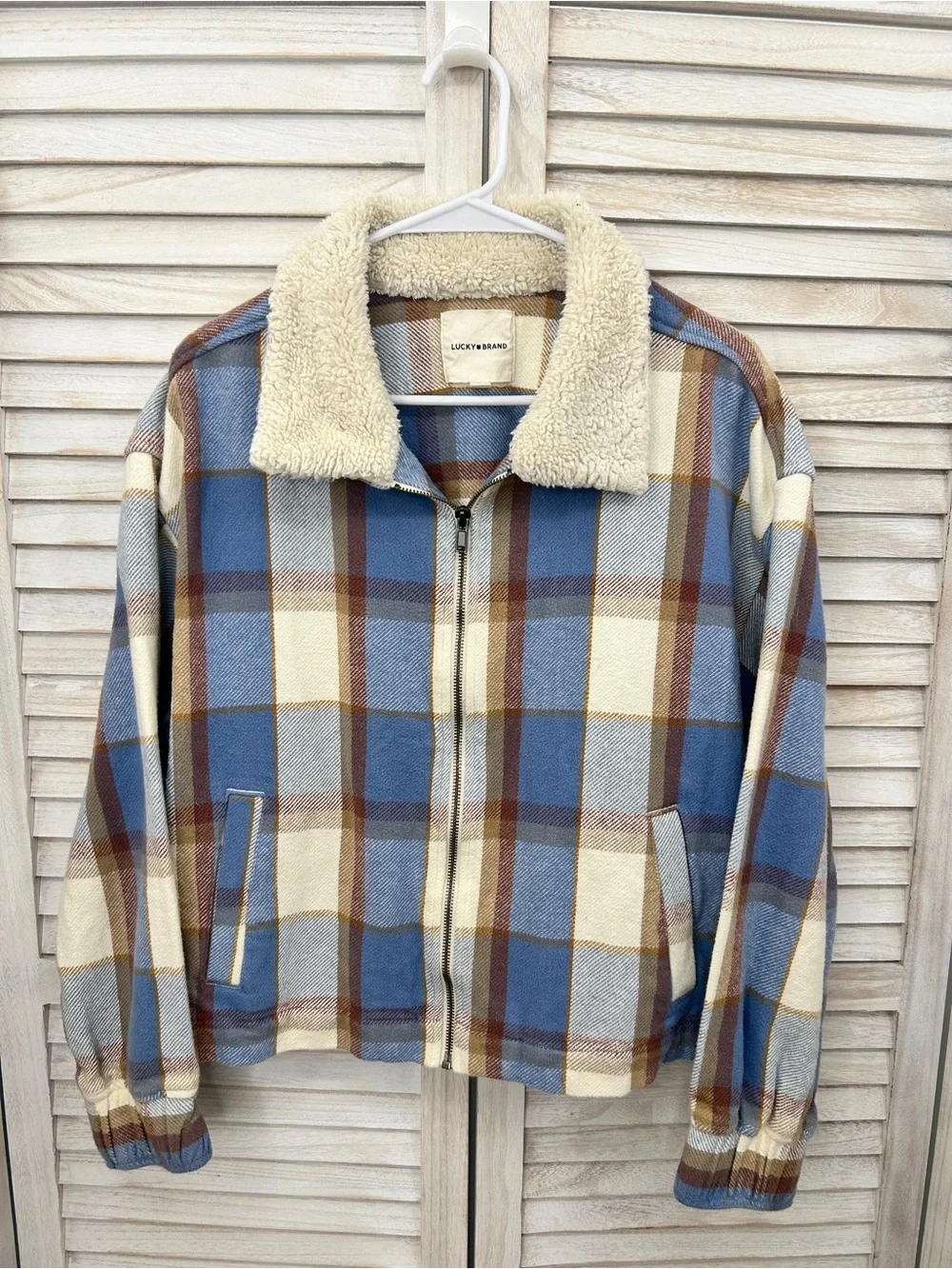 Lucky Brand Blue Plaid Sherpa Collar Zip Jacket Size Medium